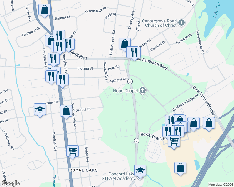 map of restaurants, bars, coffee shops, grocery stores, and more near 1744 Concord Lake Road in Kannapolis