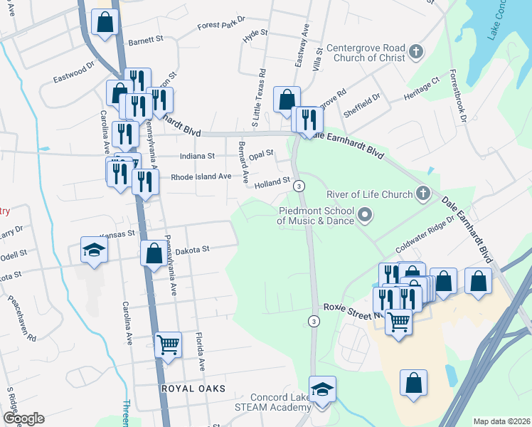 map of restaurants, bars, coffee shops, grocery stores, and more near 1744 Concord Lake Road in Kannapolis