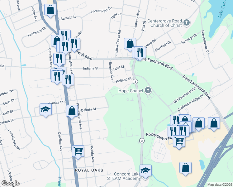map of restaurants, bars, coffee shops, grocery stores, and more near 1744 Concord Lake Road in Kannapolis