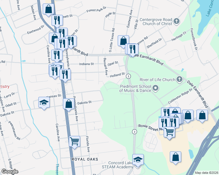 map of restaurants, bars, coffee shops, grocery stores, and more near 1025 Kansas Street in Kannapolis