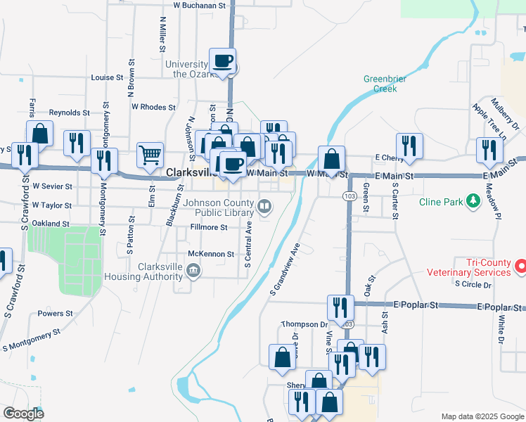 map of restaurants, bars, coffee shops, grocery stores, and more near 305 South Central Avenue in Clarksville