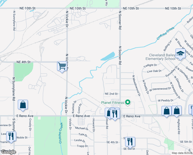 map of restaurants, bars, coffee shops, grocery stores, and more near 313 Spring Creek Road in Oklahoma City