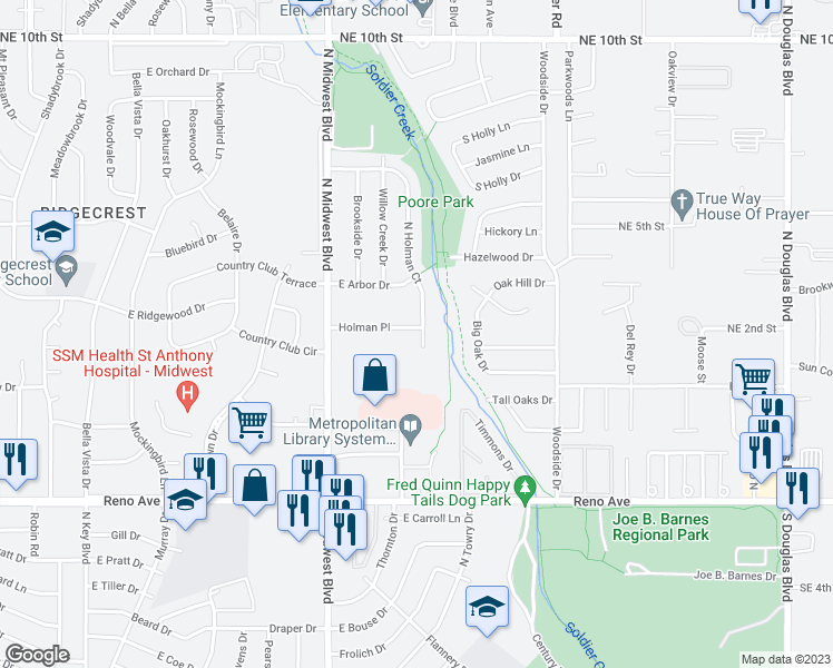 map of restaurants, bars, coffee shops, grocery stores, and more near 3113 North Holman Court in Midwest City