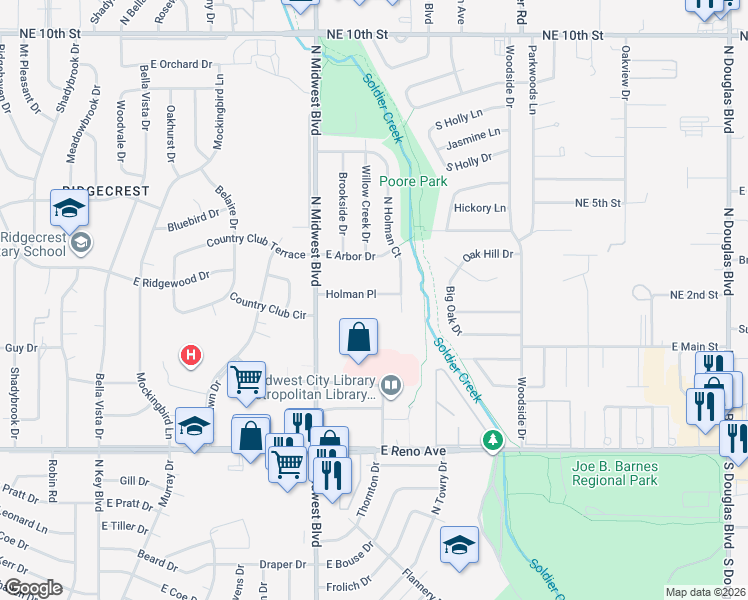 map of restaurants, bars, coffee shops, grocery stores, and more near 614 Holman Place in Midwest City