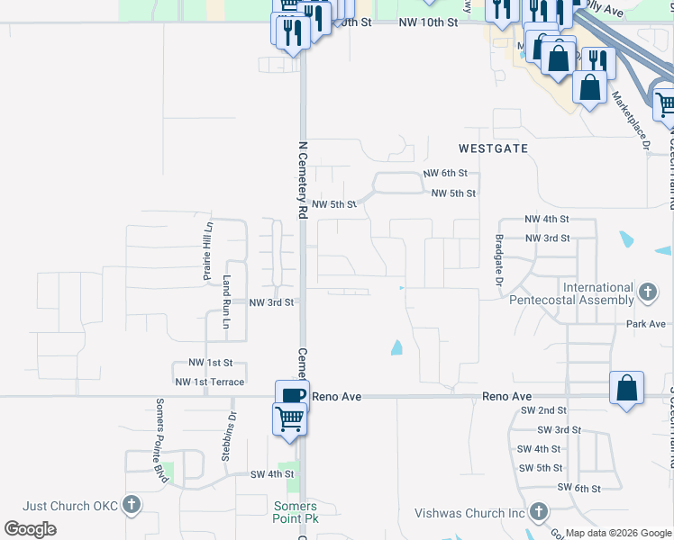 map of restaurants, bars, coffee shops, grocery stores, and more near 12901 Northwest 4th Terrace in Yukon