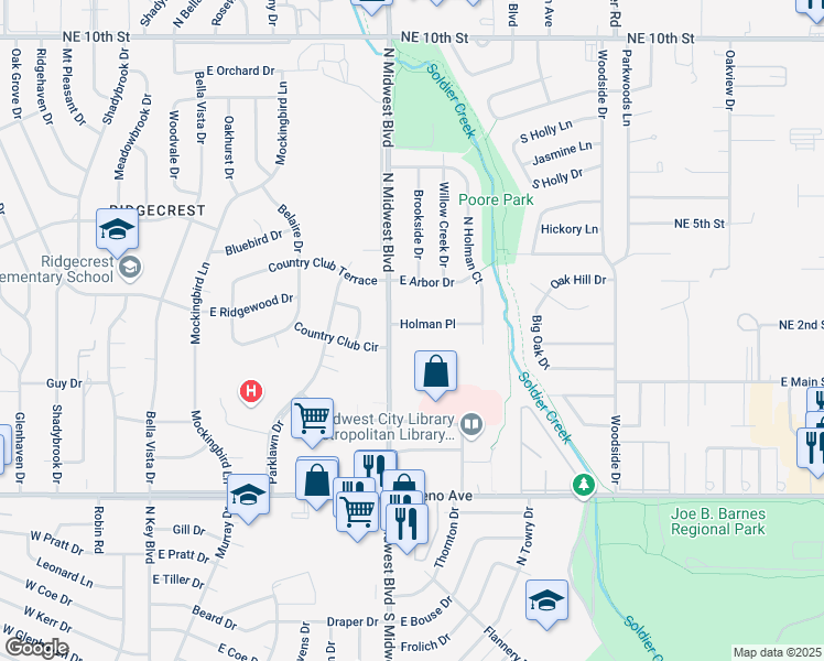 map of restaurants, bars, coffee shops, grocery stores, and more near 602 Holman Place in Midwest City
