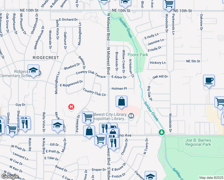 map of restaurants, bars, coffee shops, grocery stores, and more near 602 Holman Place in Midwest City
