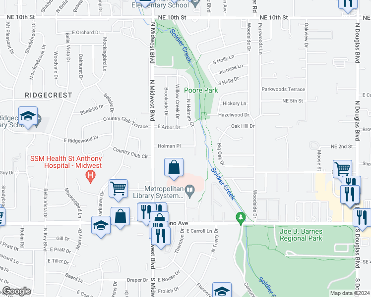 map of restaurants, bars, coffee shops, grocery stores, and more near 616 Holman Place in Midwest City