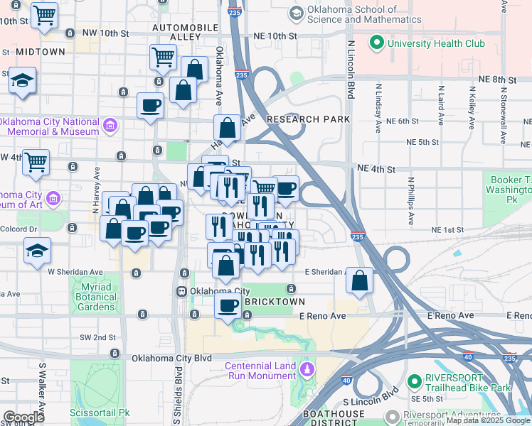 map of restaurants, bars, coffee shops, grocery stores, and more near 219 North Central Avenue in Oklahoma City