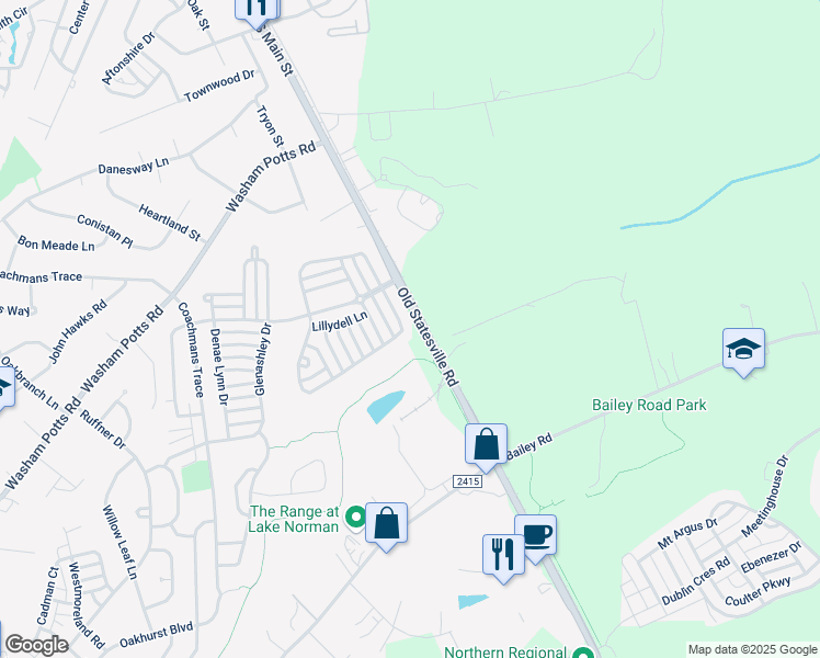 map of restaurants, bars, coffee shops, grocery stores, and more near 11230 Heritage Green Drive in Cornelius