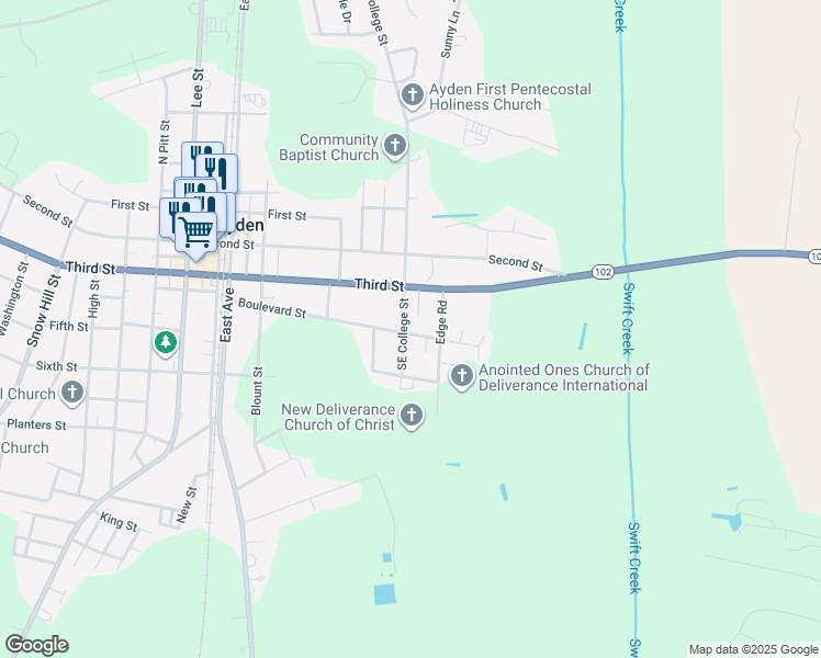 map of restaurants, bars, coffee shops, grocery stores, and more near 673 Boulevard Street in Ayden