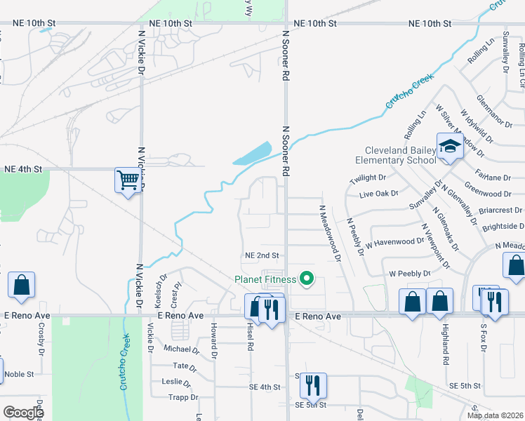 map of restaurants, bars, coffee shops, grocery stores, and more near 5532 Del Creek Road in Oklahoma City