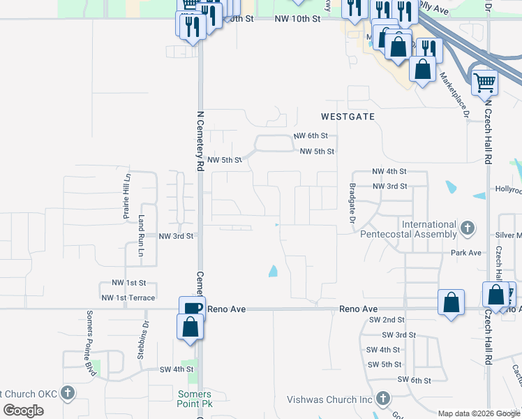 map of restaurants, bars, coffee shops, grocery stores, and more near 12901 Northwest 4th Terrace in Yukon