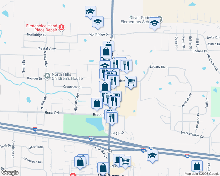 map of restaurants, bars, coffee shops, grocery stores, and more near 2234 Fayetteville Road in Van Buren