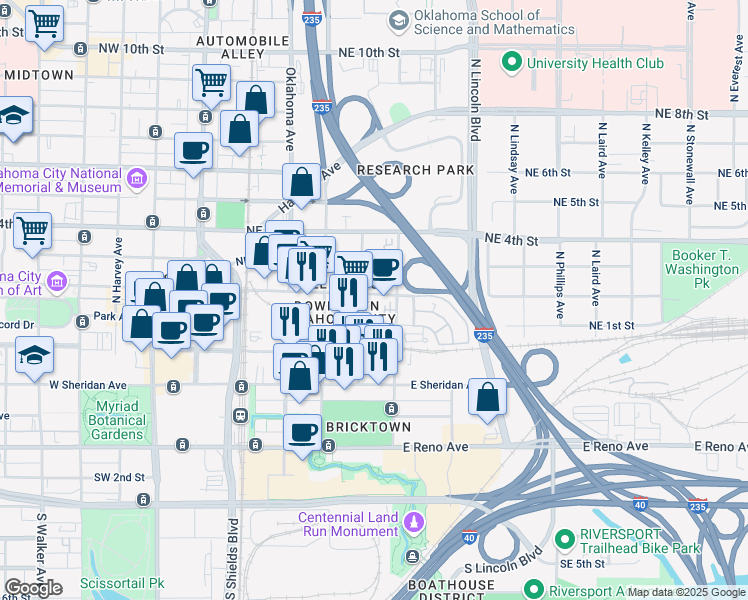 map of restaurants, bars, coffee shops, grocery stores, and more near 213 North Central Avenue in Oklahoma City