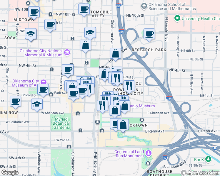map of restaurants, bars, coffee shops, grocery stores, and more near 301 North Oklahoma Avenue in Oklahoma City