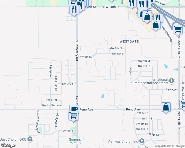 map of restaurants, bars, coffee shops, grocery stores, and more near 12901 Northwest 4th Terrace in Yukon