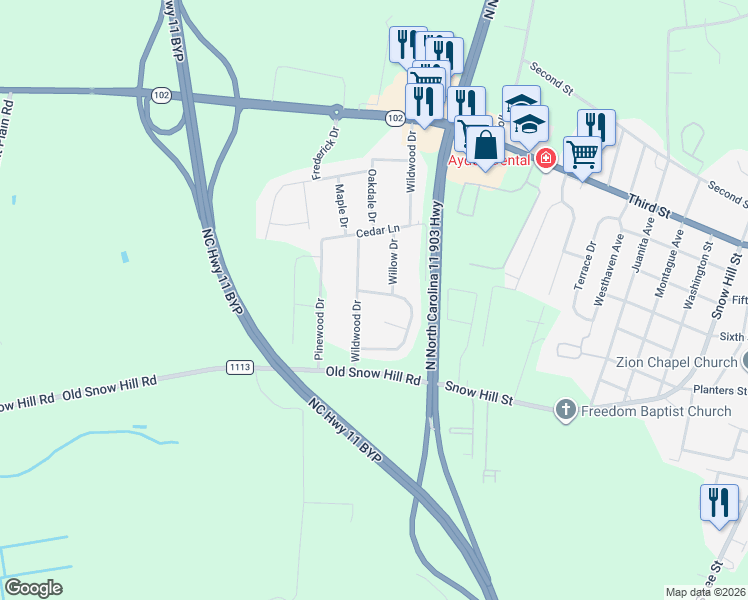 map of restaurants, bars, coffee shops, grocery stores, and more near 800-864 Wildwood Dr in Ayden