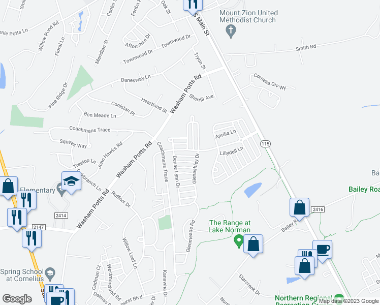 map of restaurants, bars, coffee shops, grocery stores, and more near 10540 Meadow Crossing Lane in Cornelius