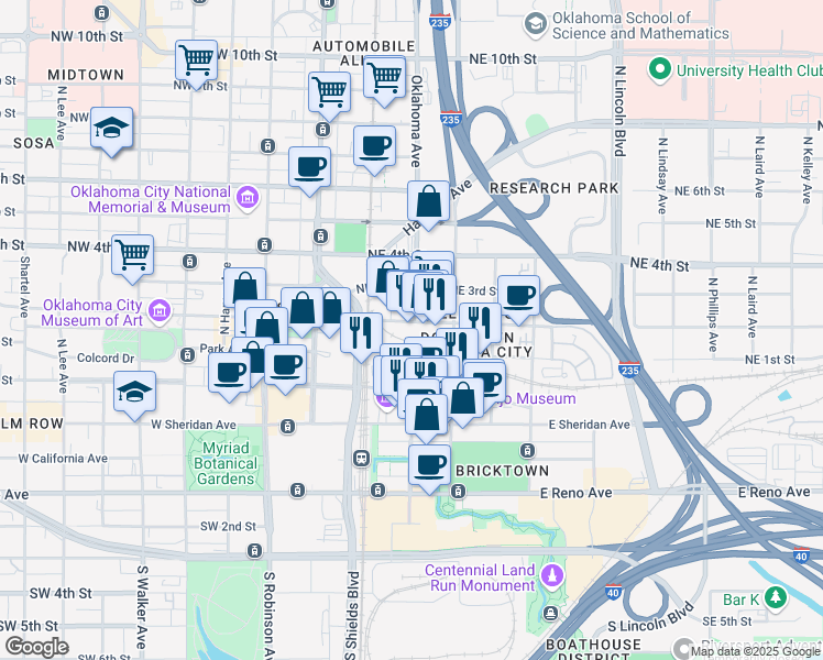 map of restaurants, bars, coffee shops, grocery stores, and more near 301 North Oklahoma Avenue in Oklahoma City