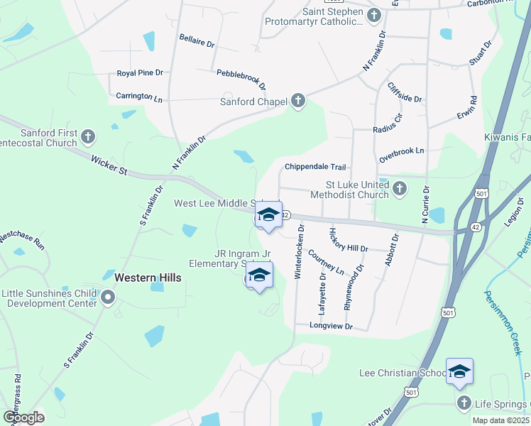 map of restaurants, bars, coffee shops, grocery stores, and more near 3309 Wicker Street in Sanford
