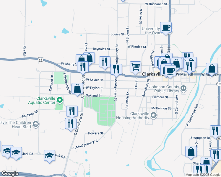 map of restaurants, bars, coffee shops, grocery stores, and more near 1114 West Oakland Street in Clarksville