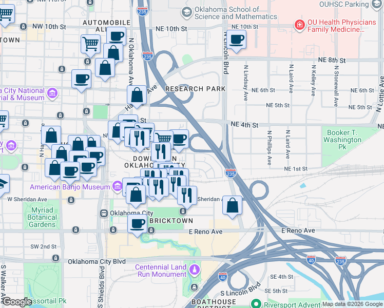 map of restaurants, bars, coffee shops, grocery stores, and more near 210 Russell M.Perry Avenue in Oklahoma City