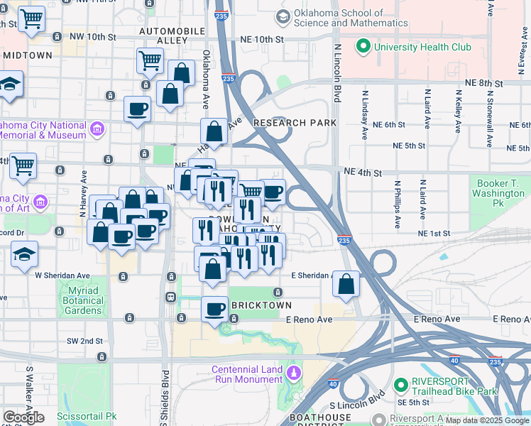 map of restaurants, bars, coffee shops, grocery stores, and more near 213 North Central Avenue in Oklahoma City