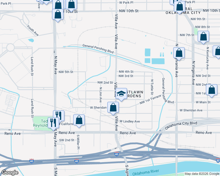 map of restaurants, bars, coffee shops, grocery stores, and more near 2501 Northwest 1st Street in Oklahoma City