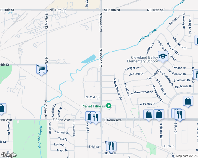 map of restaurants, bars, coffee shops, grocery stores, and more near 404 Eagle Creek Way in Oklahoma City