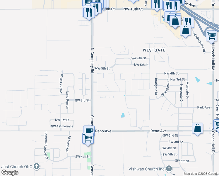 map of restaurants, bars, coffee shops, grocery stores, and more near 12901 Northwest 4th Terrace in Yukon