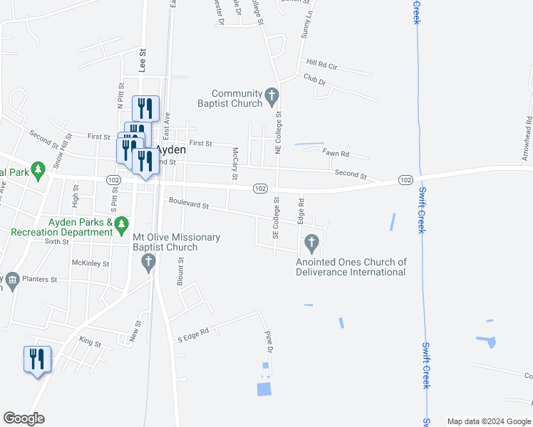 map of restaurants, bars, coffee shops, grocery stores, and more near 651 Boulevard Street in Ayden