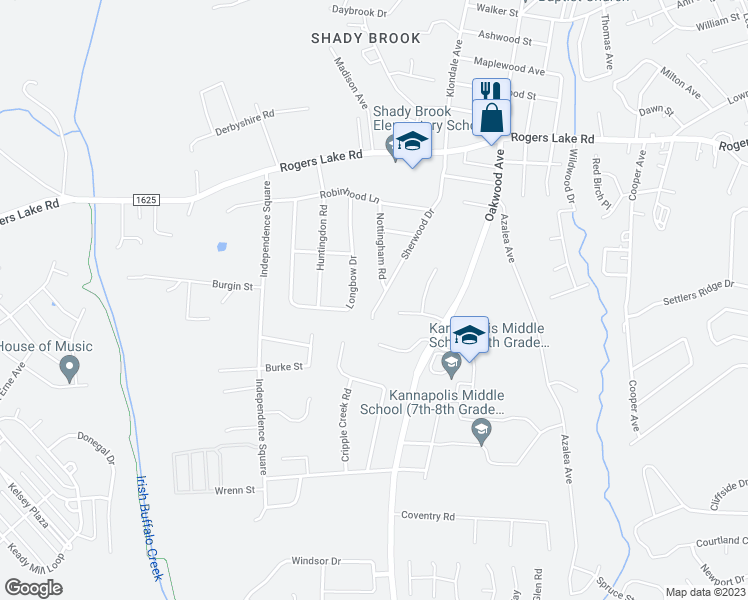 map of restaurants, bars, coffee shops, grocery stores, and more near 1460 Sherwood Drive in Kannapolis