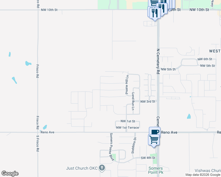 map of restaurants, bars, coffee shops, grocery stores, and more near 13305 Northwest 5th Street in Yukon
