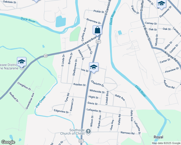 map of restaurants, bars, coffee shops, grocery stores, and more near 903 South Cannon Boulevard in Shelbyville