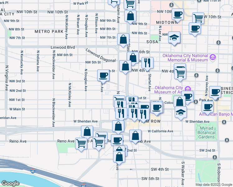 map of restaurants, bars, coffee shops, grocery stores, and more near 200 North Western Avenue in Oklahoma City