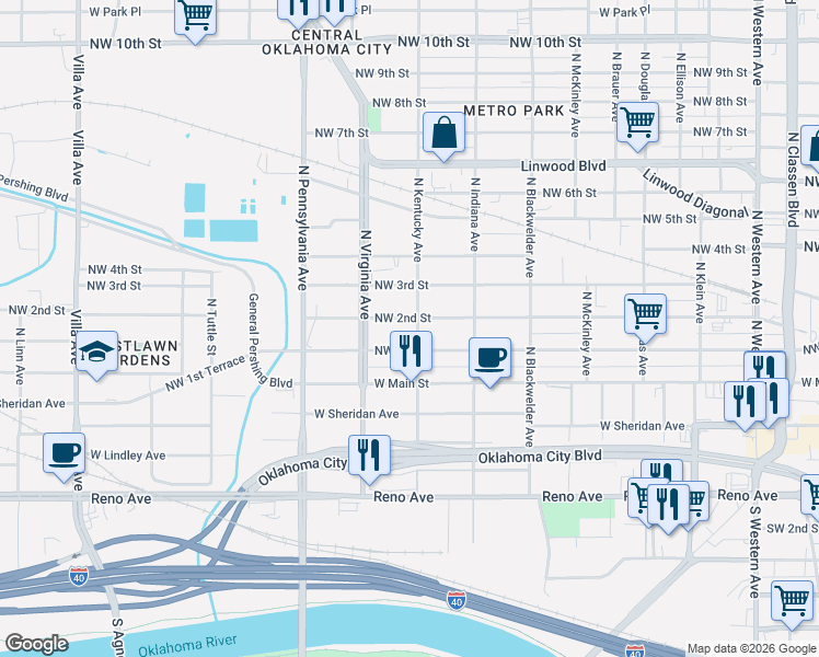 map of restaurants, bars, coffee shops, grocery stores, and more near 1701 Northwest 1st Street in Oklahoma City