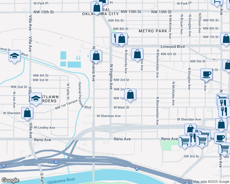 map of restaurants, bars, coffee shops, grocery stores, and more near 1735 Northwest 1st Street in Oklahoma City
