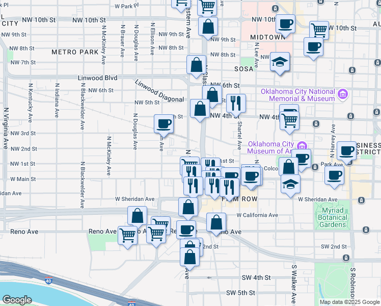 map of restaurants, bars, coffee shops, grocery stores, and more near 200 North Western Avenue in Oklahoma City