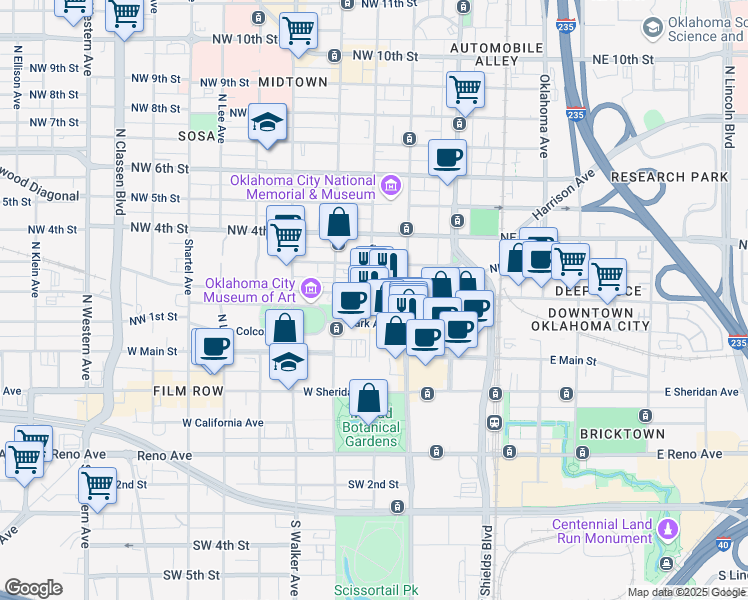 map of restaurants, bars, coffee shops, grocery stores, and more near 218 North Harvey Avenue in Oklahoma City