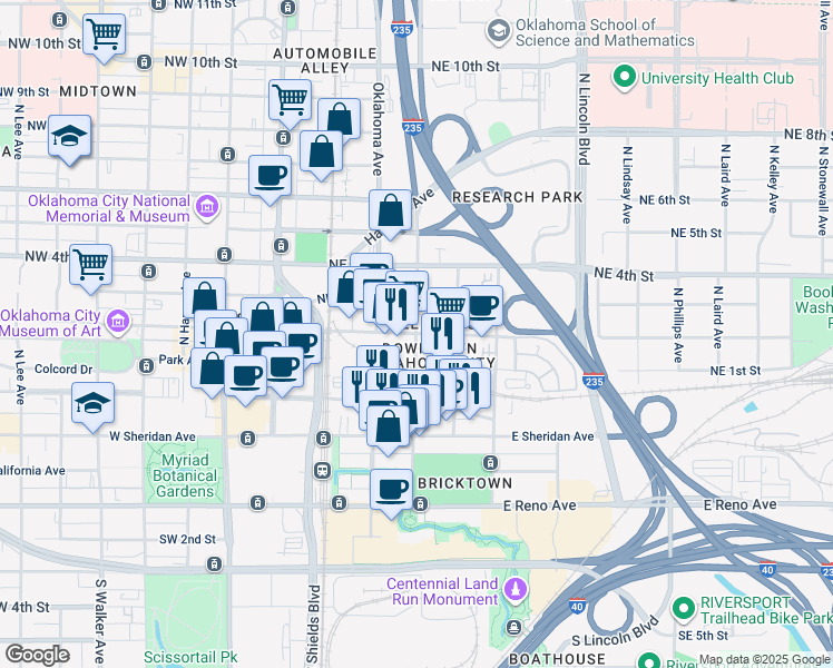 map of restaurants, bars, coffee shops, grocery stores, and more near N Walnut Ave & NE 2nd St in Oklahoma City