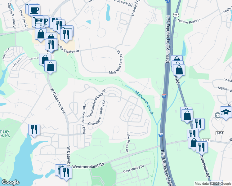 map of restaurants, bars, coffee shops, grocery stores, and more near 19335 Windjammer Circle in Cornelius