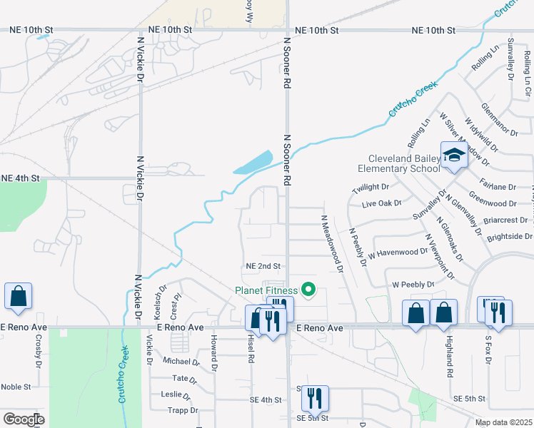 map of restaurants, bars, coffee shops, grocery stores, and more near 412 Hidden Creek Way in Oklahoma City