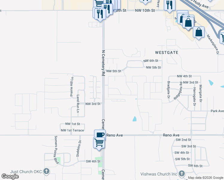 map of restaurants, bars, coffee shops, grocery stores, and more near 421 Compass Drive in Yukon