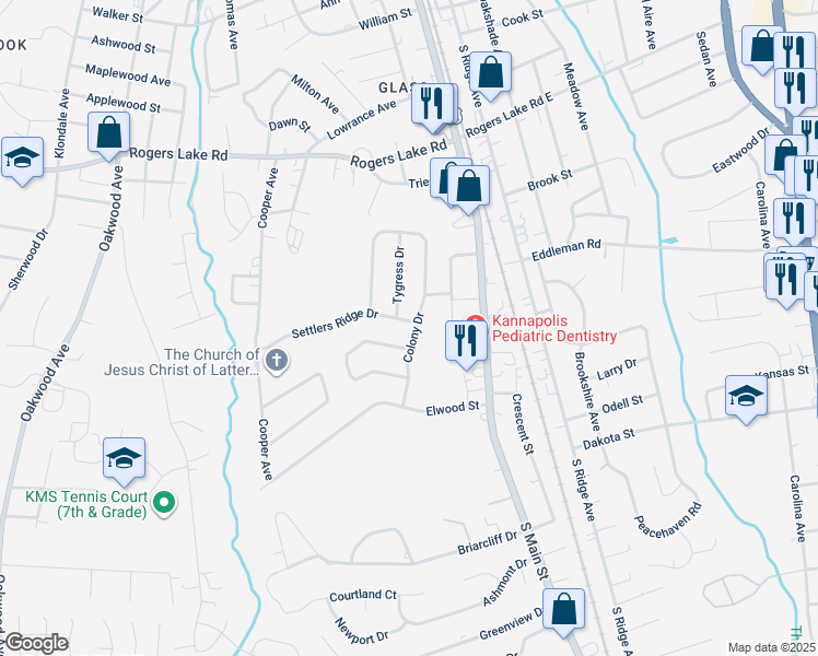 map of restaurants, bars, coffee shops, grocery stores, and more near 301 Settlers Ridge Drive in Kannapolis
