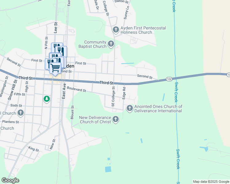 map of restaurants, bars, coffee shops, grocery stores, and more near 673 Boulevard Street in Ayden