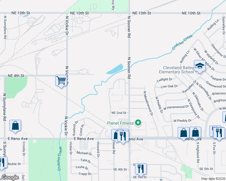 map of restaurants, bars, coffee shops, grocery stores, and more near 5504 Del Creek Road in Oklahoma City