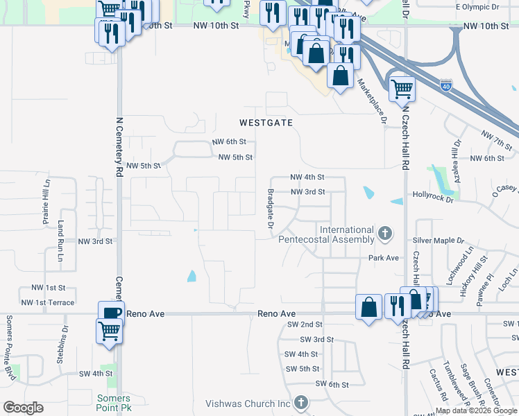 map of restaurants, bars, coffee shops, grocery stores, and more near 12600 Northwest 3rd Street in Yukon
