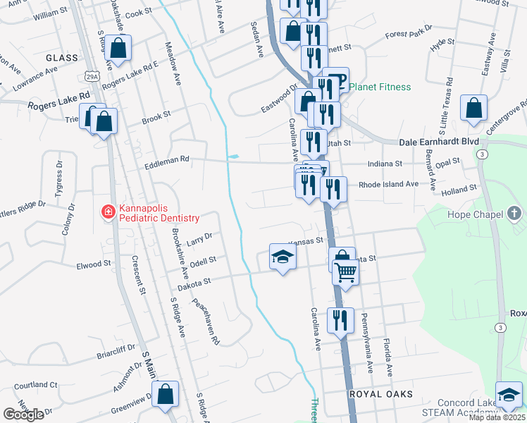 map of restaurants, bars, coffee shops, grocery stores, and more near 604 Marigold Drive in Kannapolis