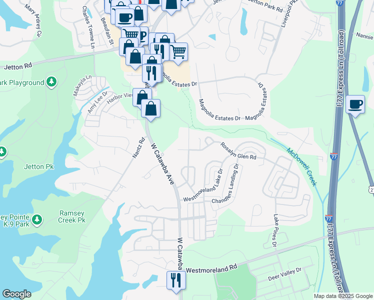 map of restaurants, bars, coffee shops, grocery stores, and more near in Cornelius